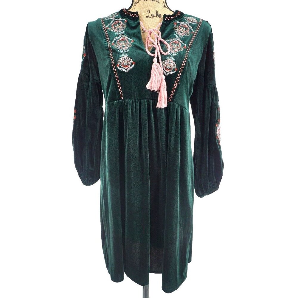Chelsea & Theodore Dress S Dark Green Velvet Embroidered Floral Long Sleeve